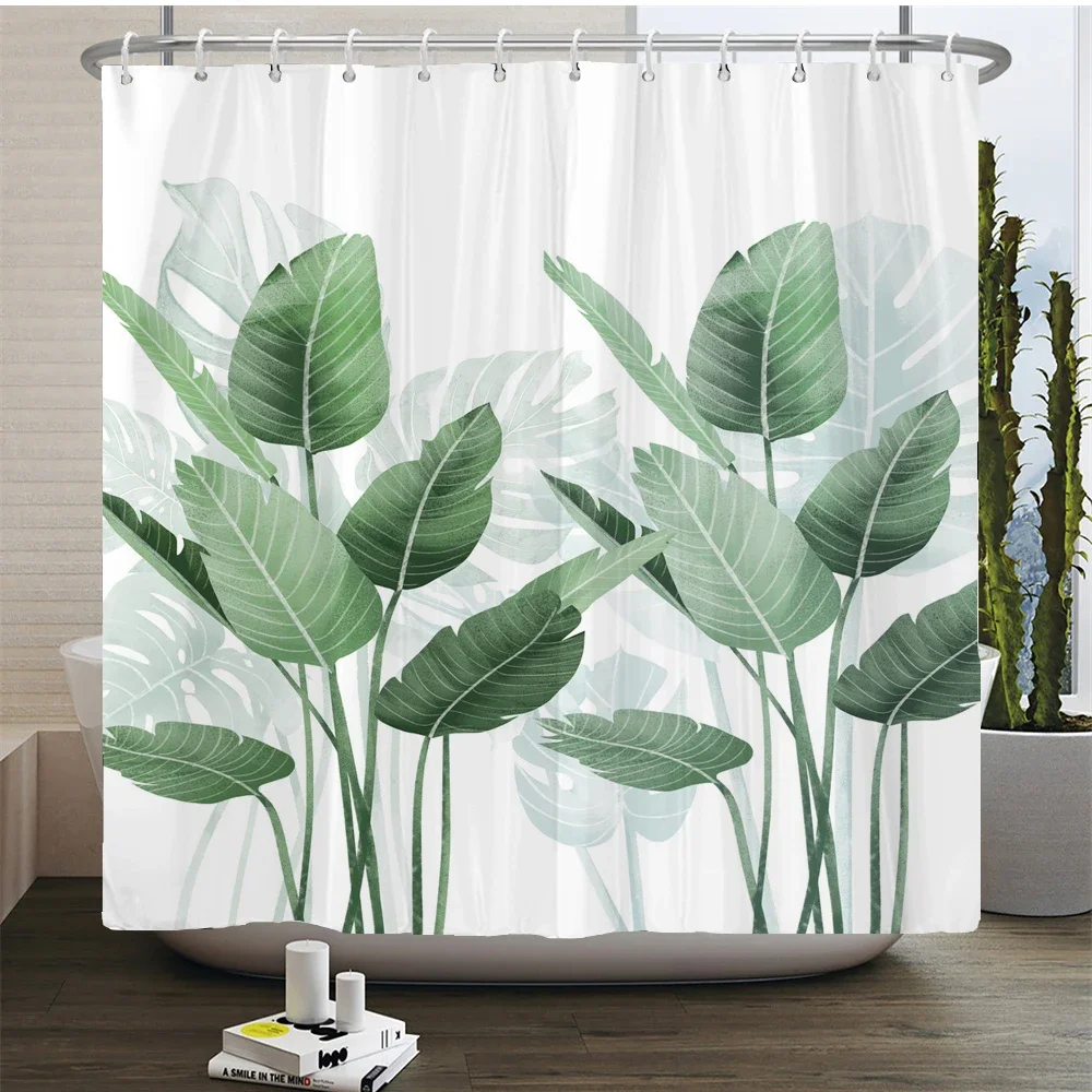 Green Plant Leaves Print Shower Curtains Watercolor Boho Floral Waterproof Morden Bathroom Bathtub Curtain Room Decor With Hooks