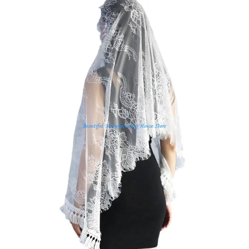 

E56A Latin Mass Headscarf Veil for Women Catholic Church Mantilla Veil Head Covering Mass Veil Fringed Tulle Veil Party Wear