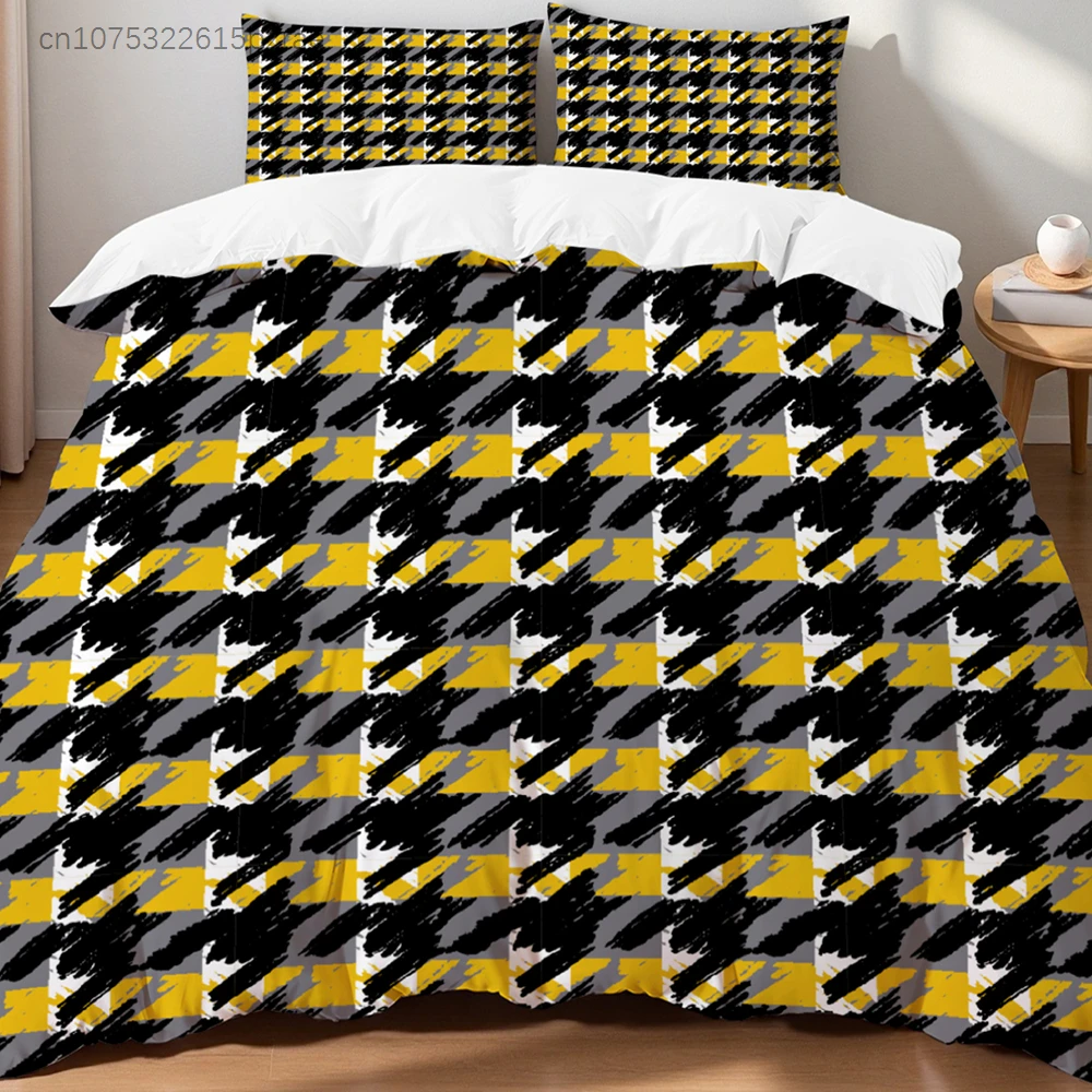 Black White Houndstooth Duvet Cover Set Classic Plaid Patchwork Soft Breathable Queen Size Bedding Set Bedroom Decor