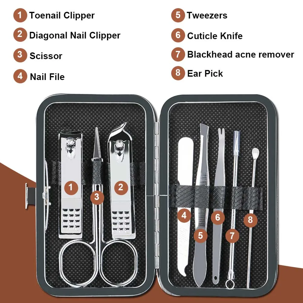 Ensemble de manucure et pédicure, coupe-ongles, manucure en acier inoxydable, Kit de toilettage professionnel, outils de soins des ongles, 7-8 pièces