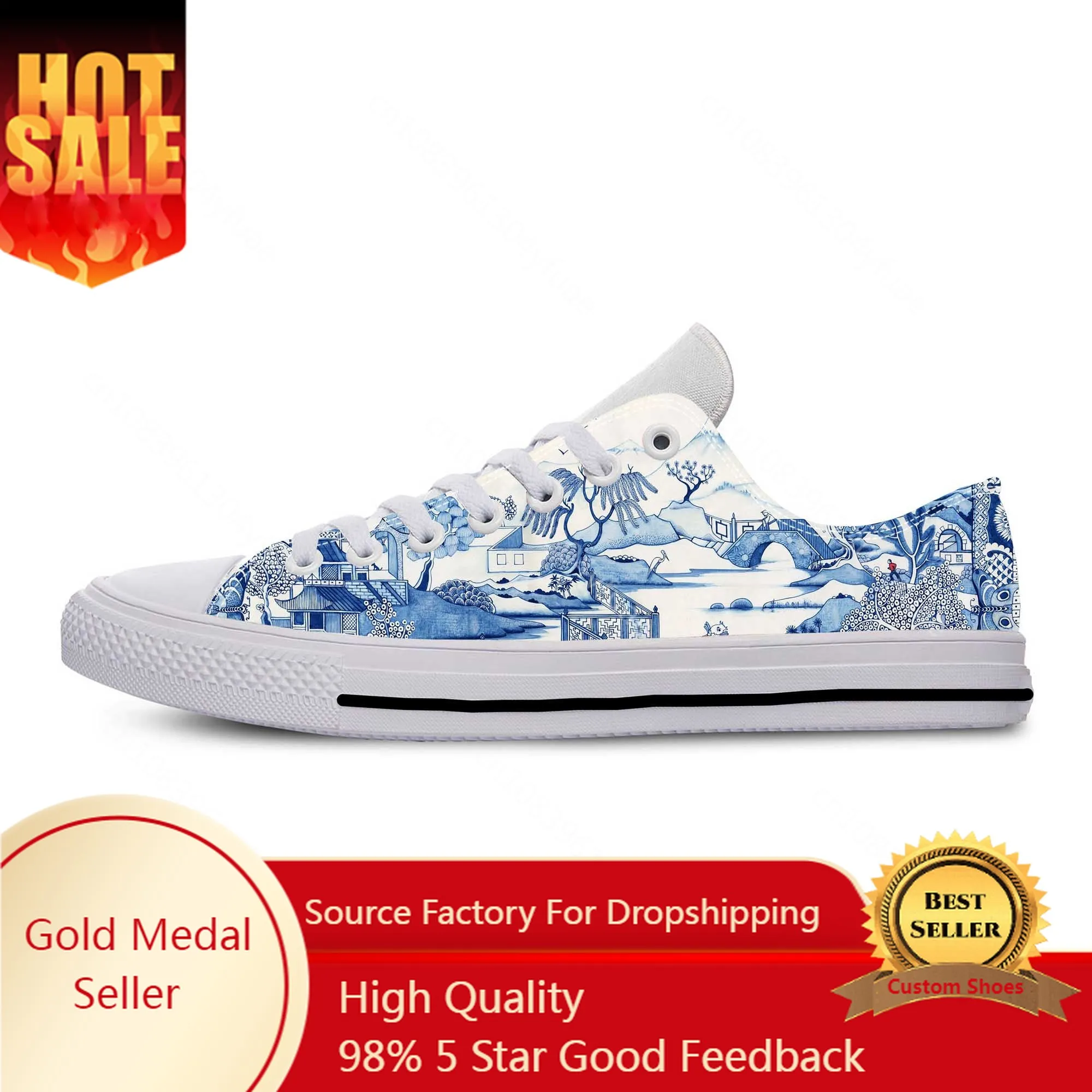 Blue White Willow Pagoda Chinoiserie China Pattern Casual Cloth Shoes Low Top Comfortable Breathable 3D Print Men Women Sneakers