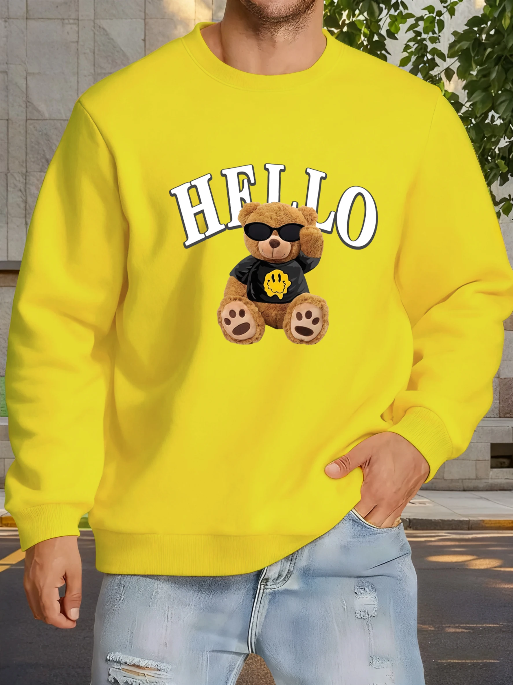 

Милый мультяшный медведь говорит Hello To You, пуловер с узором, мужской свитшот с круглым вырезом, осенняя повседневная одежда, свободная удобная уличная одежда