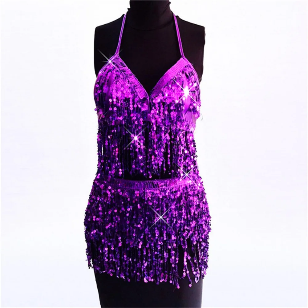 Conjunto de falda con tirantes para danza del vientre con lentejuelas para mujer, chaleco + media falda, minifalda envolvente con borlas, trajes para club nocturno, fiesta en club
