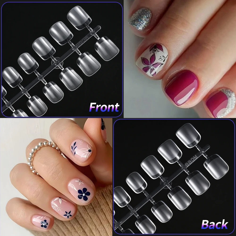 240 Uds. Puntas de uñas postizas cuadradas cortas transparentes, cubierta completa de 12 tamaños, prensa de almendra esmerilada en uñas para extensión, punta de dedo falsa acrílica