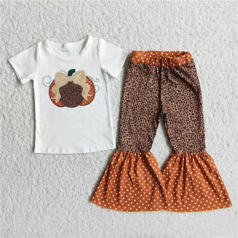 

2022 Hot Selling RTS Baby Girls New Design Pumpkin Leopard Print Brown Pants Bell Bottoms Outfits Kids Fashion Daily Wear