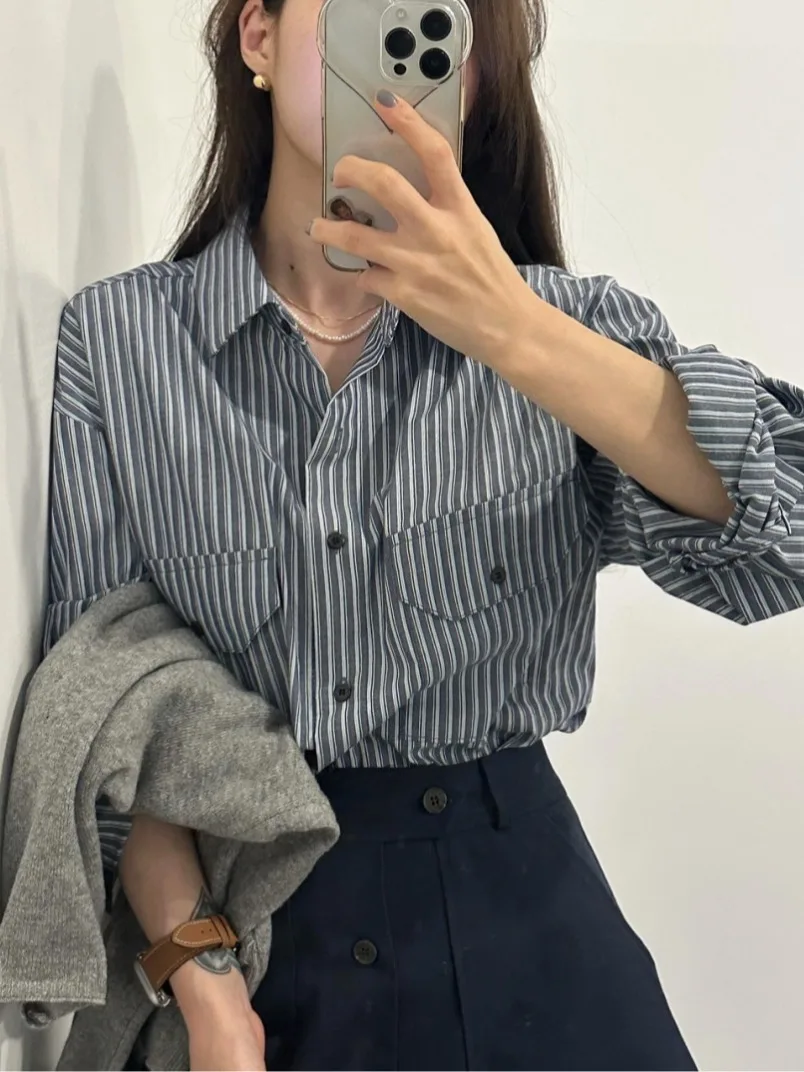 Csa Casual trada de Manga Longa com Botão Único e Bolso, Estilo Retro para Mulheres, Moda Versátil para o Dia a Dia