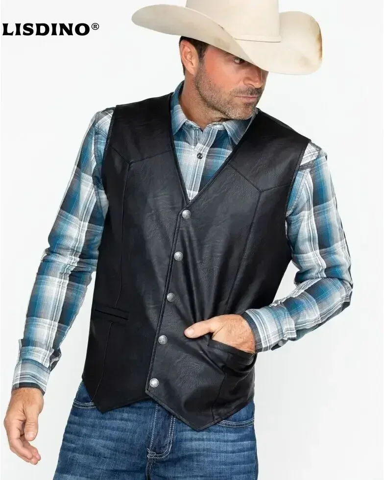 

LisdinoMen Soft 100% Leather Vest Snap Western Mens Gift Holiday Attire Informal Biker