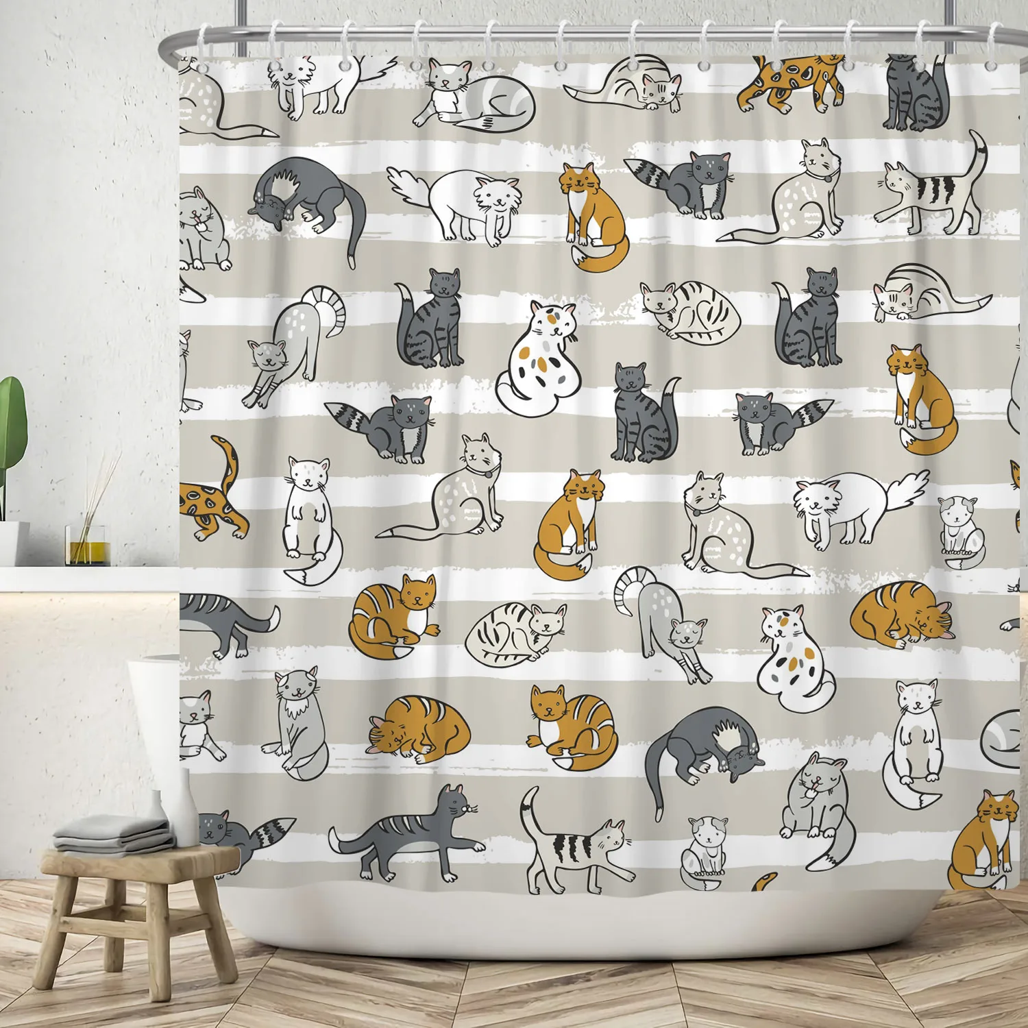 Cute Cat Pattern Shower Curtain Multifunctional Bathroom Partition Curtain Bath Decoration Waterproof Hanging Curtain With Hooks