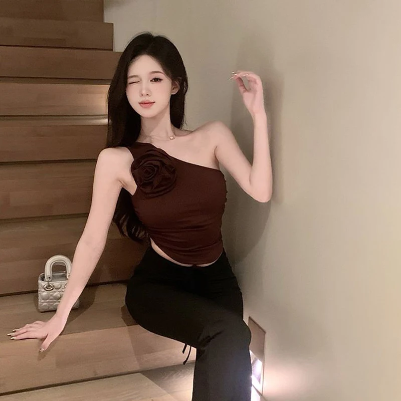 Pure Desire Sexy 3D flor liso hombros inclinados fiesta Top corto diario para mujeres