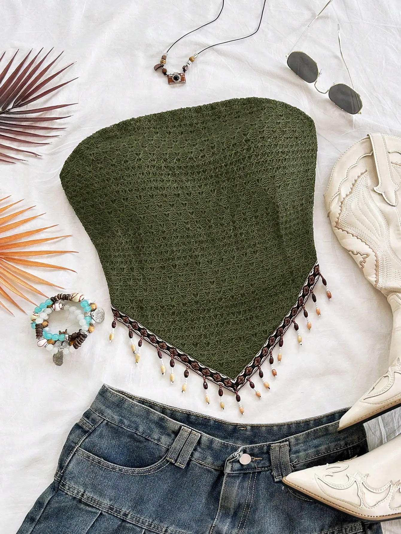 Retro Sun Print Patchwork Bandeau Top, Beaded Chain Knit Boho, Party Christmas Beach Cruise Date Top for Women