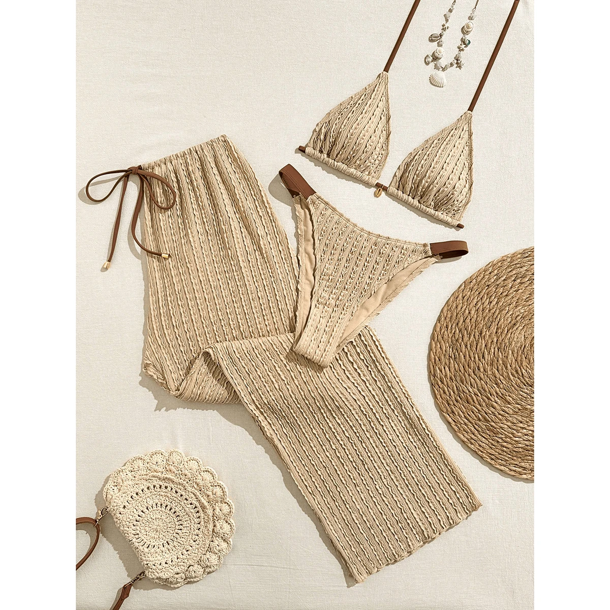 3PC Triangle Bikini Paired with Trousers Solid Color High Waist Female Biquini Women Swimsuit Swimwear Bathing Suit Swim Wear