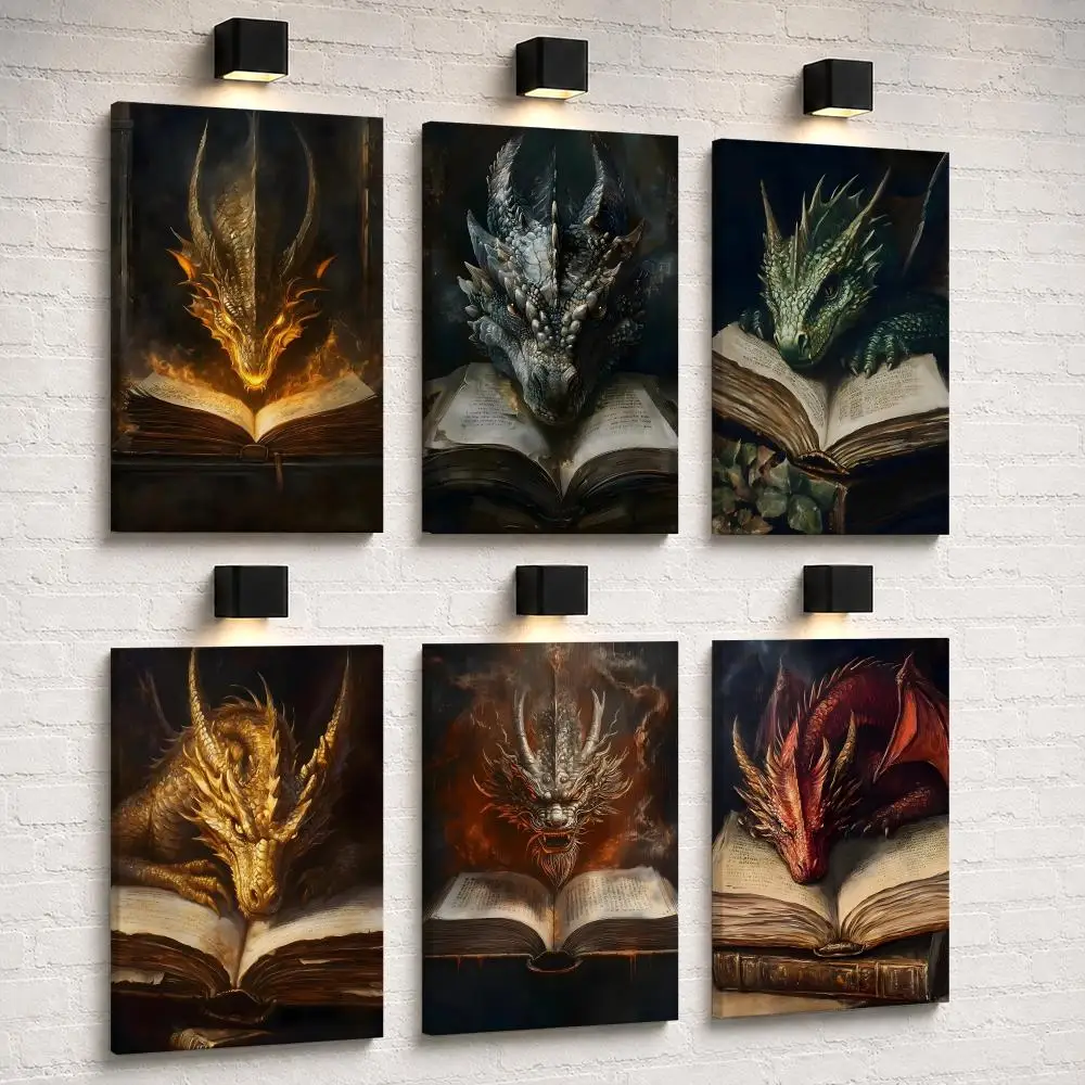 Gothic Fantasy Dragon Framed Wall Painting Ready to Hang Canvas Art Poster for Living Room Bedroom Home Decor Decals