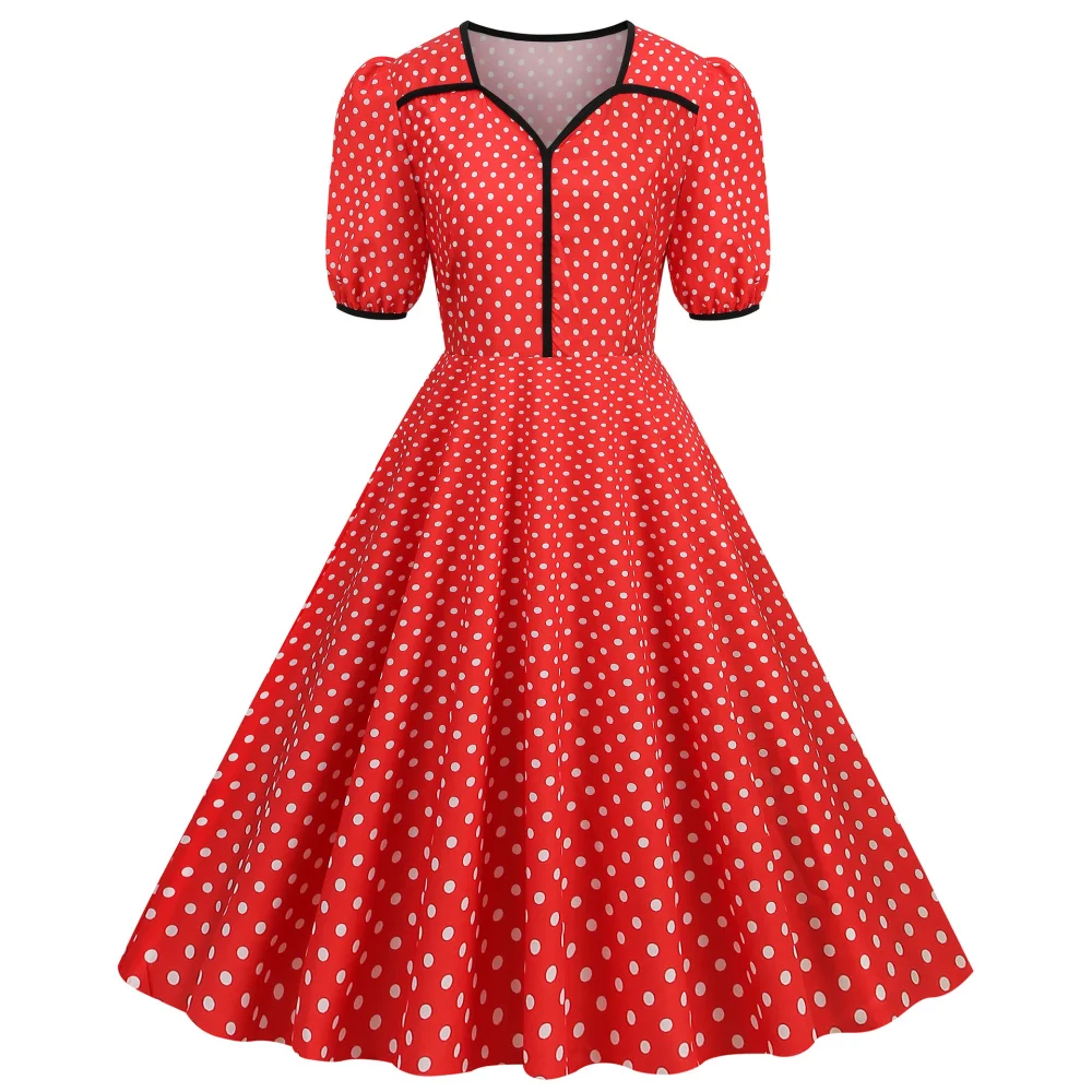 Gaun Prom Rockabilly Polka Dot Antik 50S 60S Kerah Takik Wanita Gaun Midi Pesta Ayun Koktail Kerah V Lengan Pendek