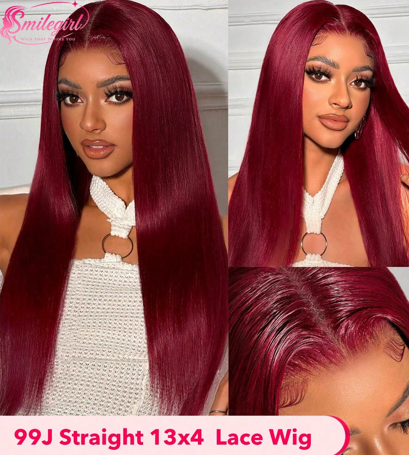 Smilegirl Perruques Lace Front HD 13x6 en Cheveux Humains Bourgogne 99J, Densité 200%, Ondulation Body Wave, Pré-épilées, Sans Enchevêtrement ni Chute de Cheveux, pour Femmes
