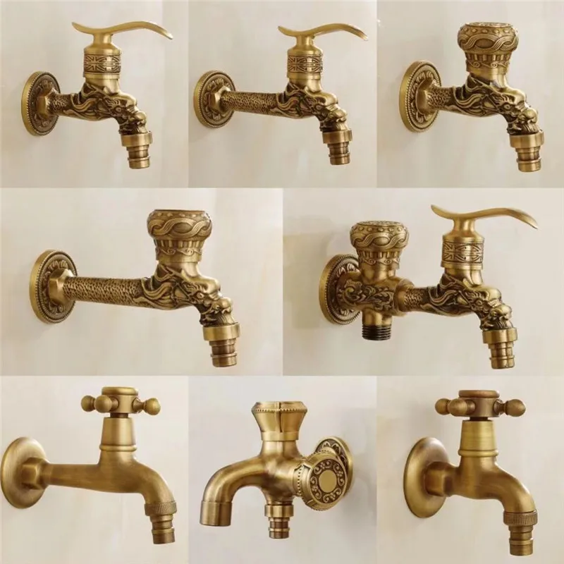 Tuqiu Brass Tap Faucet Garden Bibcocks Antique Brass Dragon Carved Washing Machine Faucet Outdoor Faucet Single Cold Tap