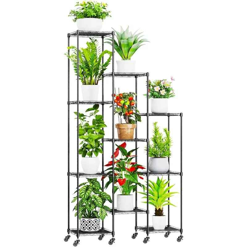

Tall Plant Stand with Wheels, Shelf Height Adjustable Metal Plant Shelf for 10 Potted Plants, DIY Assembly Indoor/Outdoor Plant