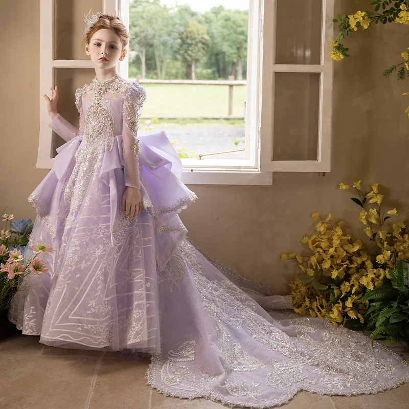 Purple Girls Birthday Princess Dress Tulle Host Piano Performance Gown Long Train Pageant Formal Children Celebration Outfit