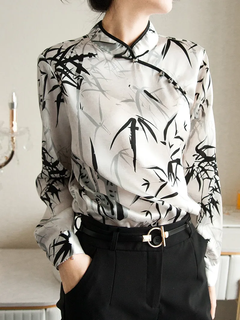 2025 new chinese style traditional top improved cheongsam top bamboo printing oriental qipao collar top women loose silk blouse