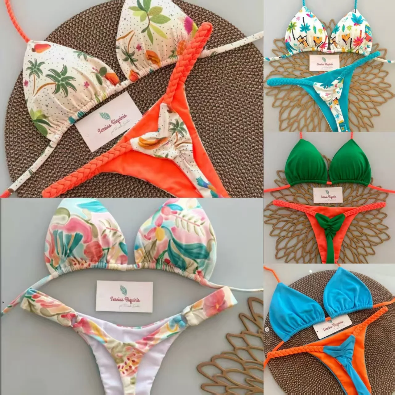 Customized LOGO women's new small fresh printing sexy bikini split fashion braided rope European and American bikini swimwear