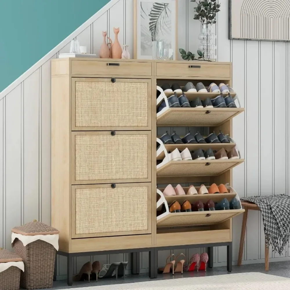 Freestanding Shoe Cabinet with 3 Flip Drawers, 2 Layer Shoe Shelf, Natural Rattan Shoe Storage Organizer