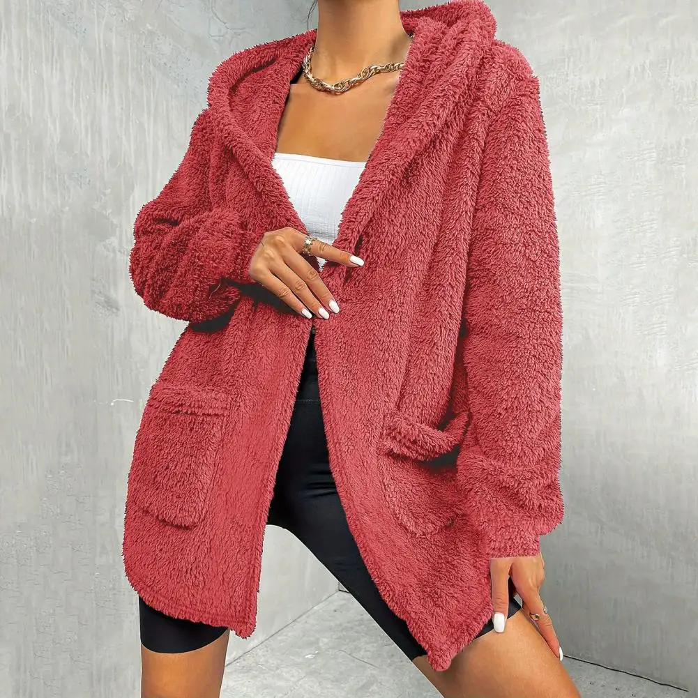 Women Plush Coat Women's Mid-length Hooded Cardigan Coat Casual Plush Outerwear with Lamb Wool Cashmere Loose Fit for Autumn