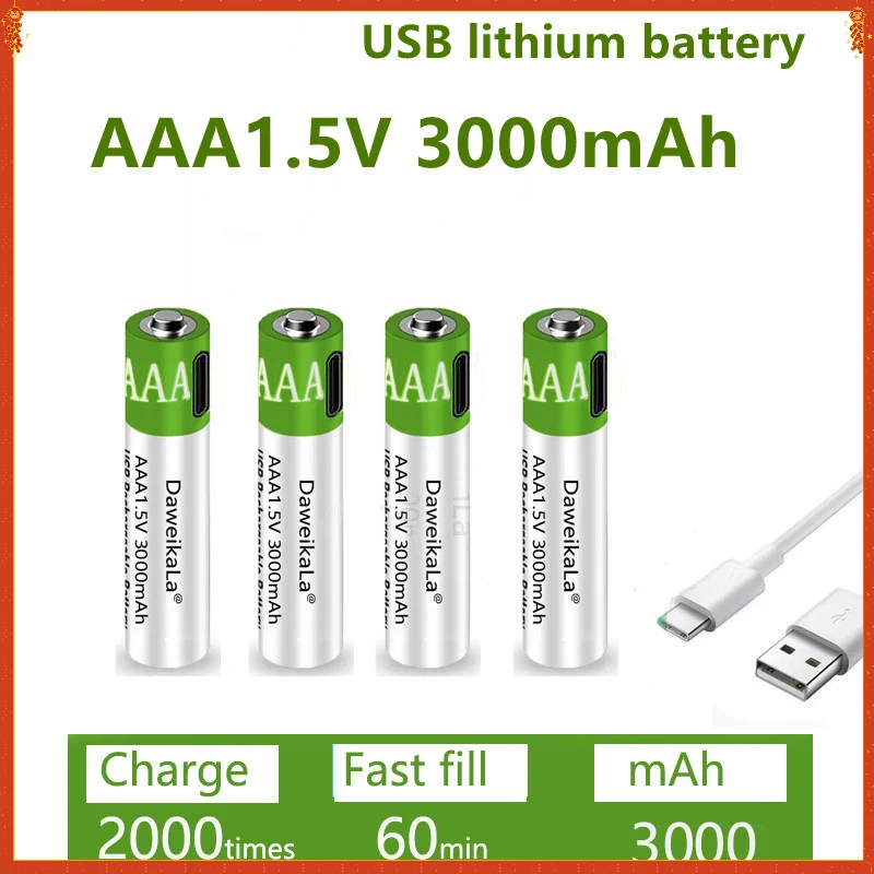 

AAA Battery 1.5V Li-ion AA Rechargeable Battery 3000mAh AA Lithium-ion Battery for remote control mouse small fan Electric toy