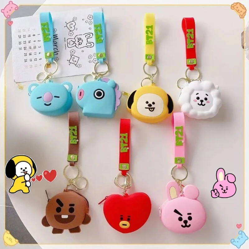 

BT21 anime cartoon cute silicone coin purse keychain kawaii earphone storage bag pendant fan support merchandise gift wholesale