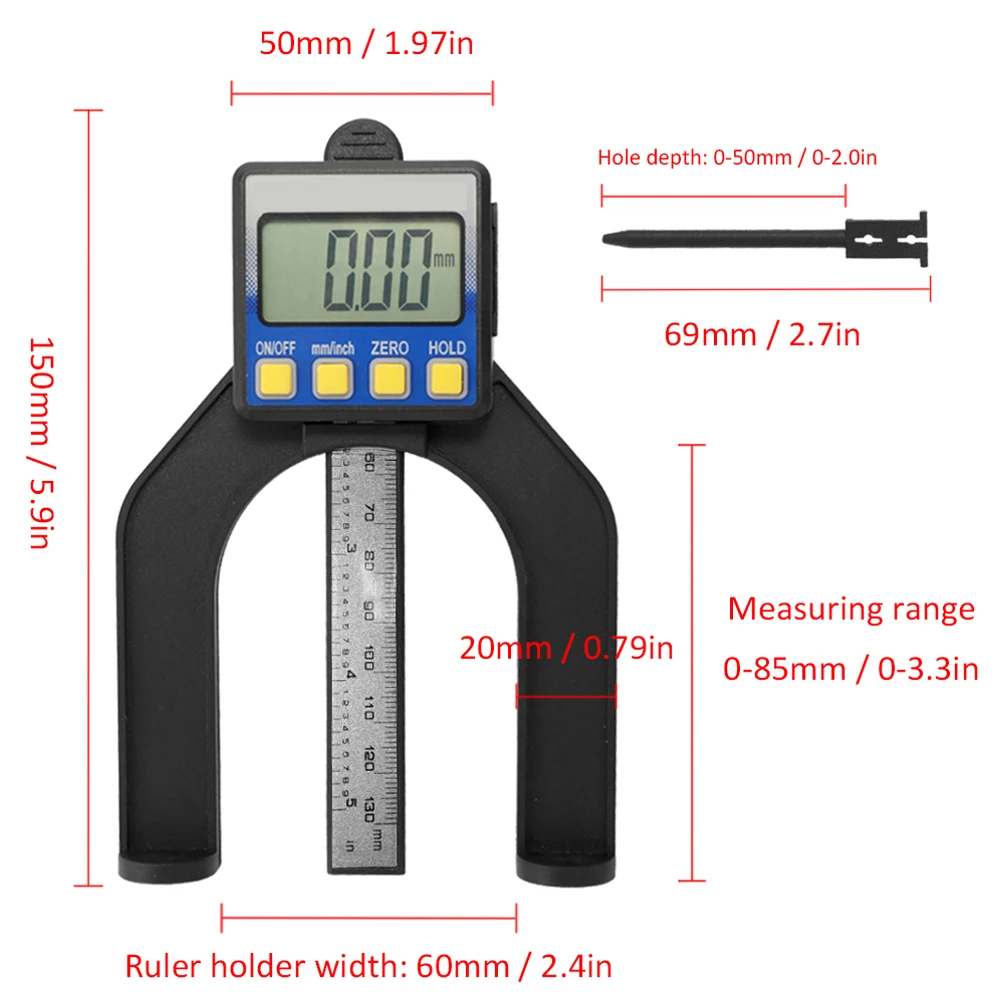 High Accuracy Slide Caliper Vernier Ruler LCD Height and Depth Gauge with Measuring Range of 0-85mm Bottom with Magnets