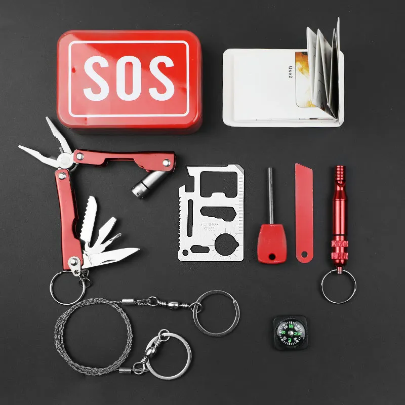 Multifunktionales tragbares Outdoor-Ausrüstung Wild Survival Tool Set Notfallset SOS Survival Kit Survival Set Langlebige Eisenbox