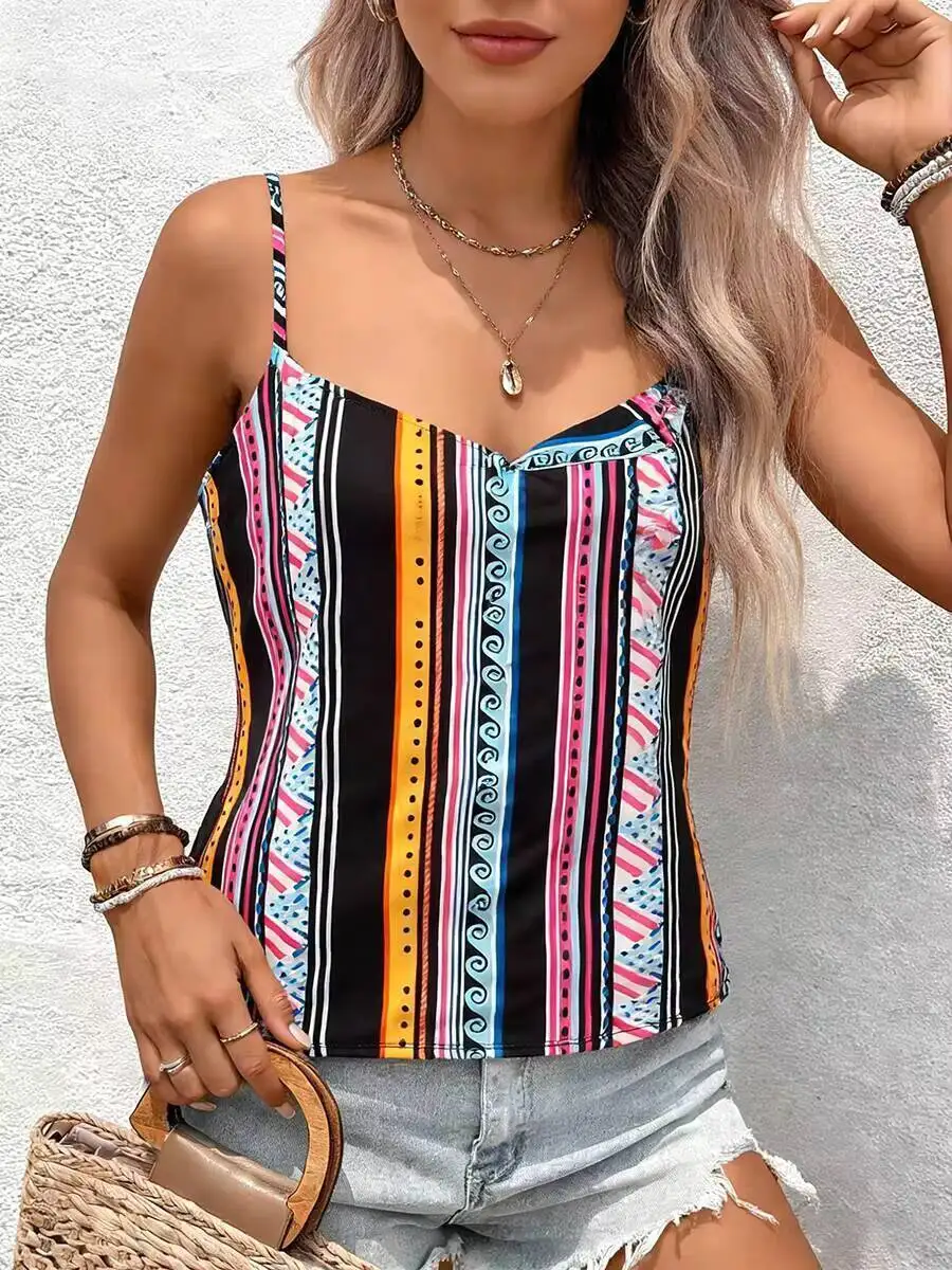 Women Spaghetti Strap Cami Top Sweetheart Neck Boho Striped Casual Top Cute Top Spring Summer Beach Vacation Daily Comfy Top