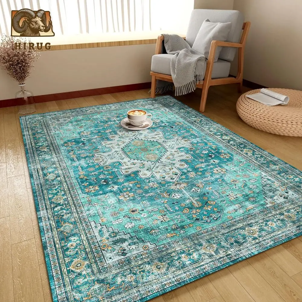 8x10' Persian-Style Washable Area Rug - Non-Slip, Durable, Teal & Gold for Home Decor