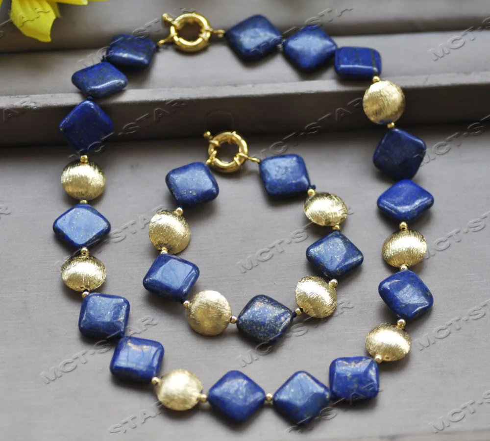

Z12693 Set 19mm Square Coin Blue Lapis lazuli Gold plated Coin Necklace Bracelet