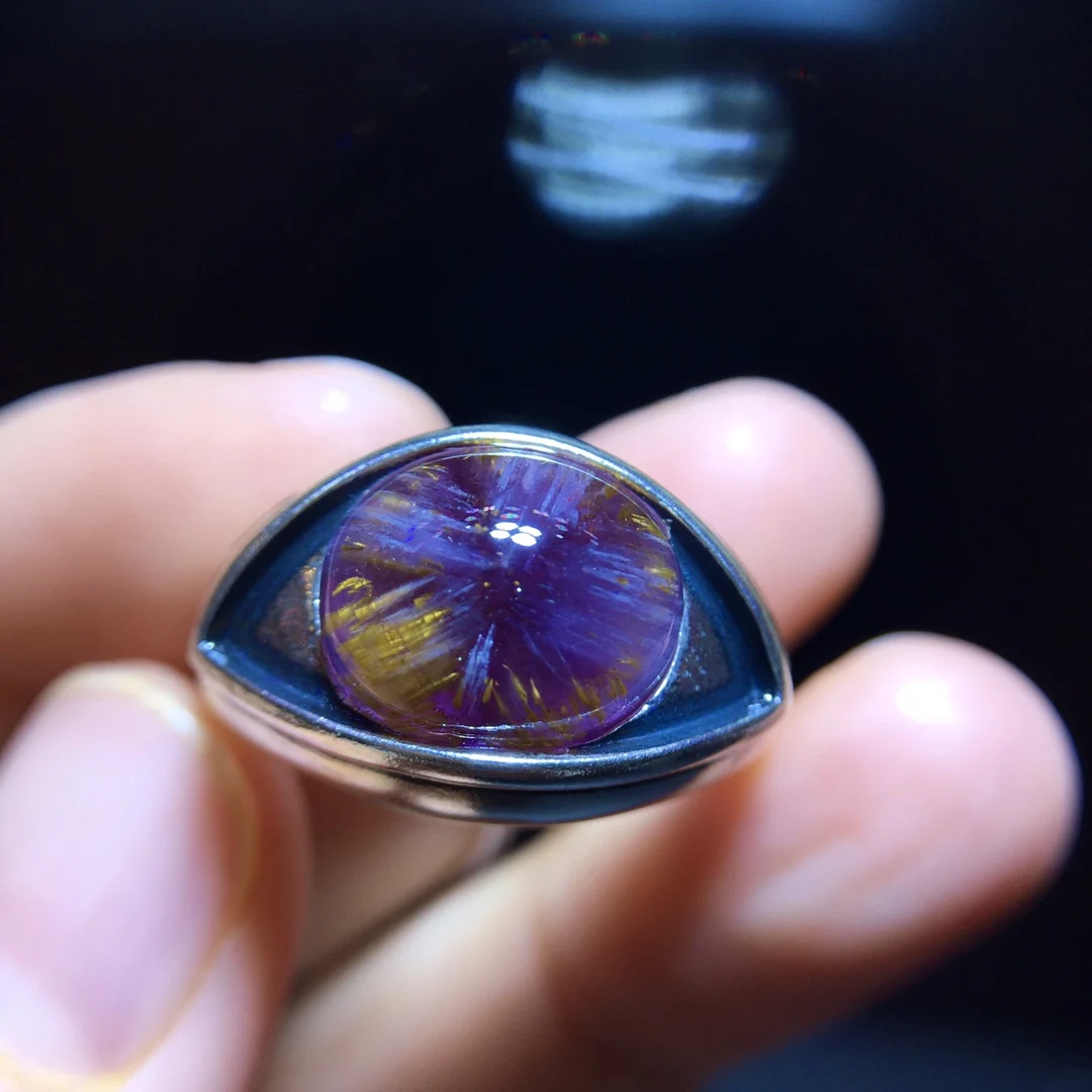 

Natural Purple Cacoxenite Rutilated Adjustable Ring 12.2/10.3mm Fashion Gift Auralite 23 Ring Healing AAAAA