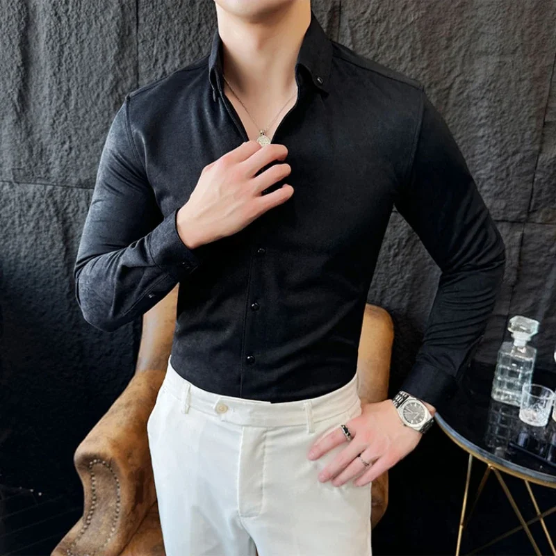 

British Style V-neck Long Sleeved Shirts Men Velvet Casual Business Dress Shirts Slim Fit Office Social Streetwear Men Clothing