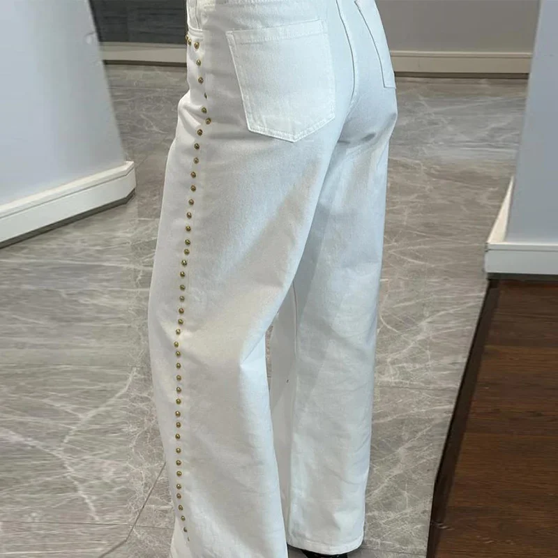 Sexy Hollow Out Jean Women White Flower Baggy Zipper Pocket Straight Long Pants Retro Female New Summer Elegant Lady Streetwears