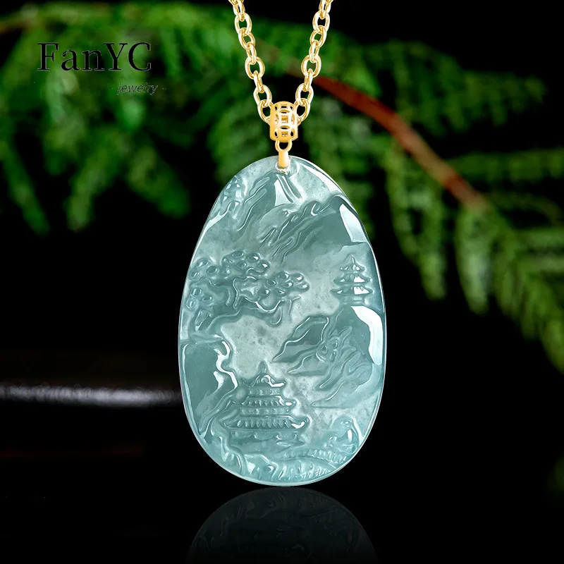 Natural Grade A Jadeite Blue Water Landscape Pendant High-End Exquisite Charming Ice-Type Jade Necklace Unisex Holiday Gift