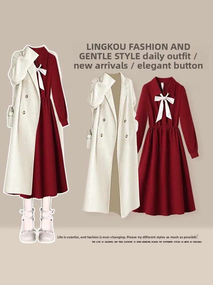 

Осенне-зимний комплект Ele, женское платье с бантом на талии, красная верхняя одежда, костюм из двух предметов, красивый наряд для век