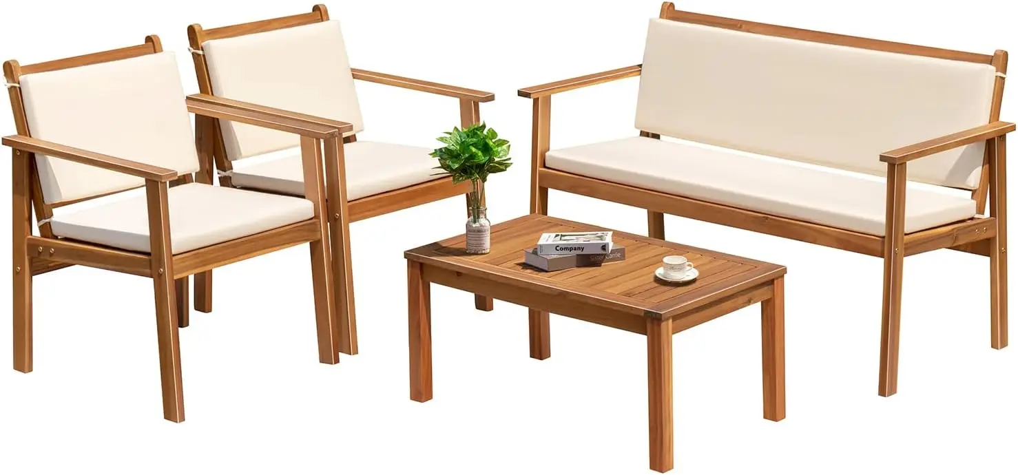 4 Piece Bistro Sofa Set for Garden, Backyard, Poolside, Acacia Wood Material, Cushions, White