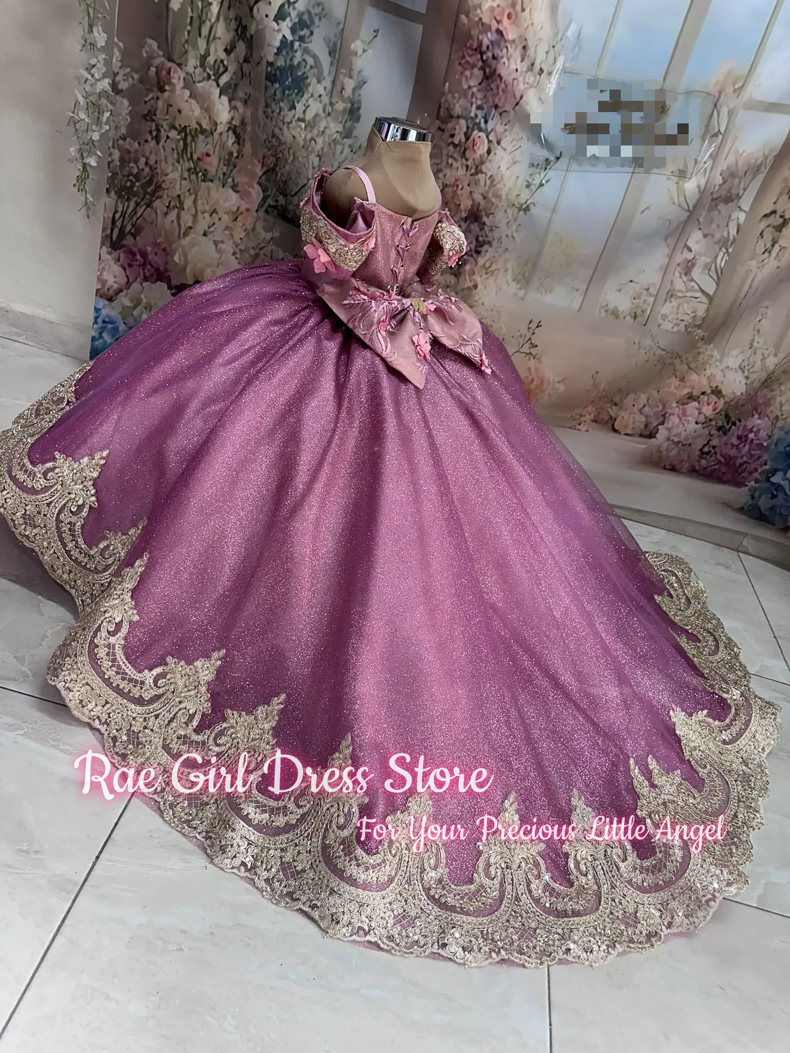 Purple Glitter Flower Girl Dress For Wedding Birthday Pageant A Line Floor Length Tulle Gown 3D Floral Lace Off Shoulder Sleeves