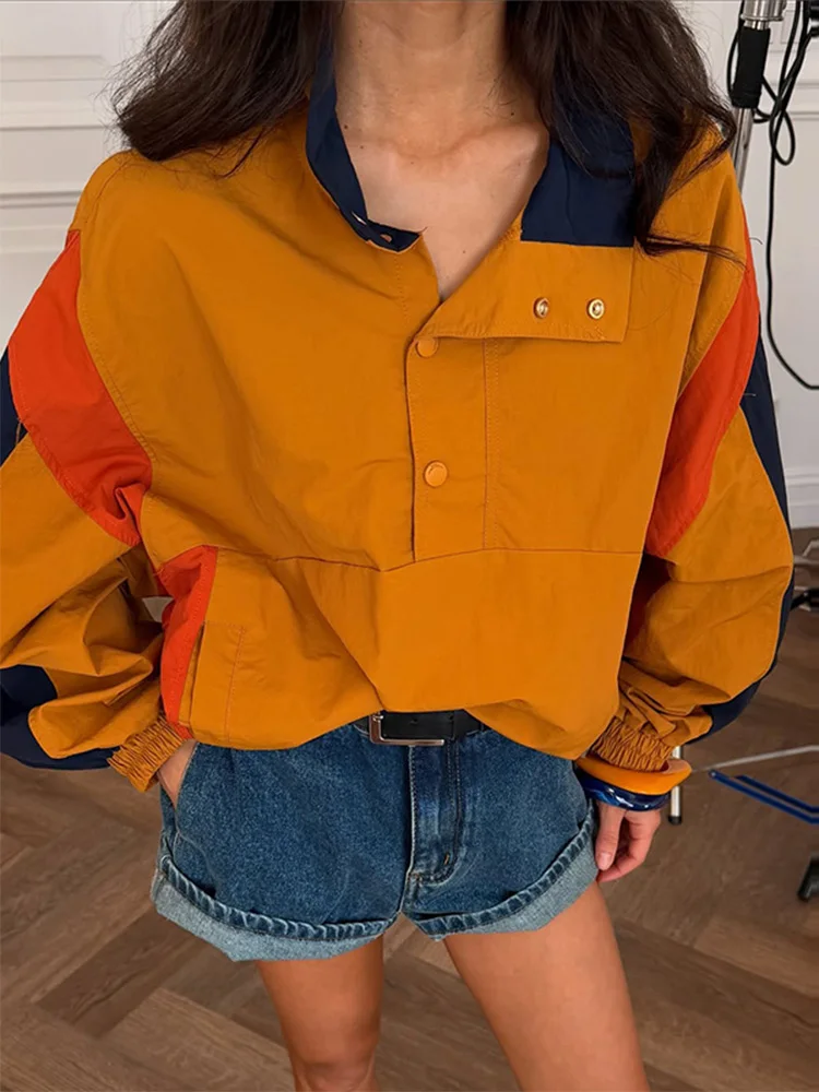Casual Contrast Color Jacket Women Loose Full Sleeve Stand Collar Button Jackets Female 2026 Autumn Winter Lady Outwear New
