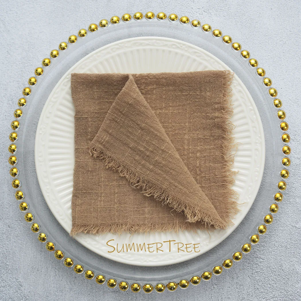 50pcs 32x32cm Khaki Brown Gauze Cotton Napkins Retro Burrs Napkin Cloth Vintage Wedding Party Christmas Table Decor Wholesale