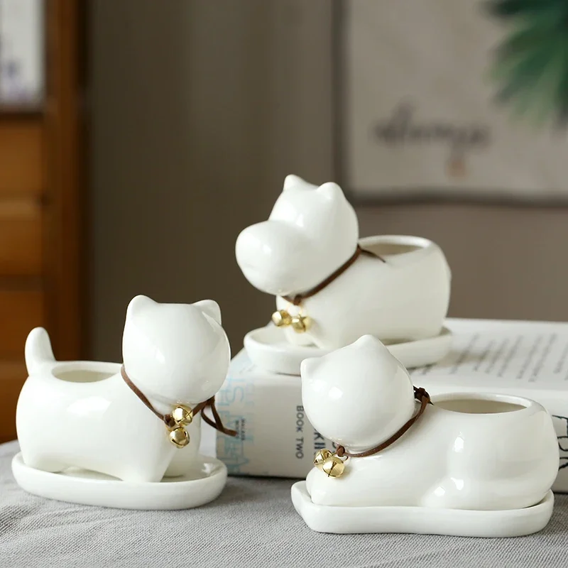 Ceramic Animal Planters Pot, Succulent Planter Pots with Drainage Tray, Small Animals Flowerpot for Home Office Decor
