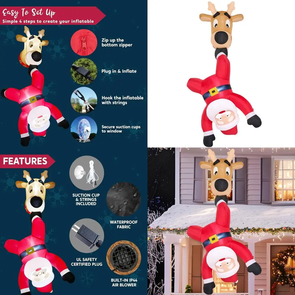 

6-Foot Tall Inflatable Santa and Reindeer Escape Window Christmas Decoration with LED Lights for Indoor and Outdoor Use