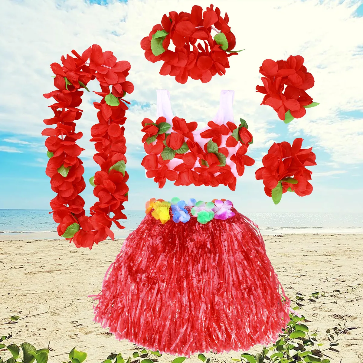 

6Pcs Hula Dance Costume Grass Skirt Set with Adjustable Waist Flower Necklace Bra Headband for Tropical Theme Event 40Cm