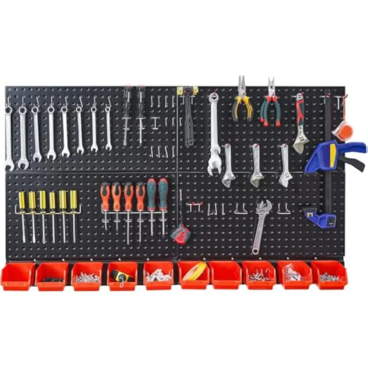 Heavy-Duty Black Alloy Steel Pegboard Wall System – Rust-Resistant 48x28 Inch Panel with 10 Modular Orange Bins – Customizable T
