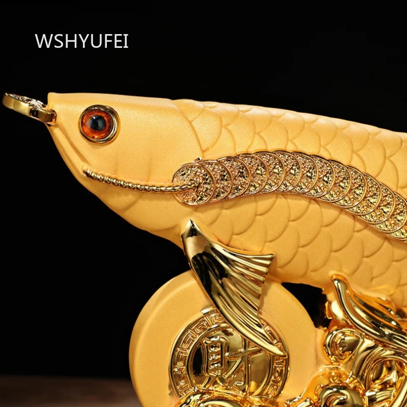 Golden Arowana Resin Statue Feng Shui Lucky Wealth Ornament Chinese Traditional Craft Home Office Tabletop Decoration