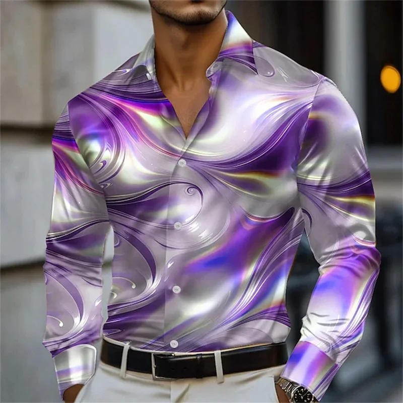 Men's autumn and spring blue and gold marble printed long sleeved shirt top, fashionable, casual, comfortable, slim fit suitable