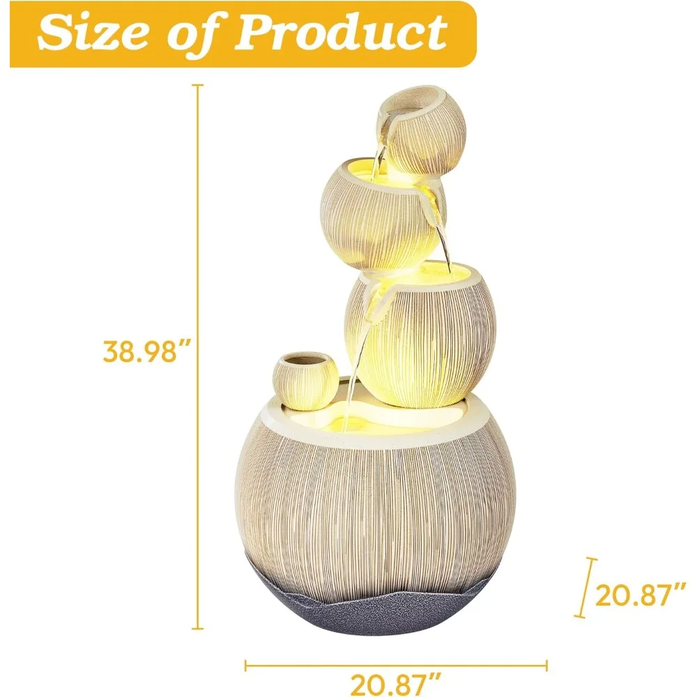 39H Outdoor Garden Water Fountain, 4-Tier Large Waterfall Resin Fountain with LED Lights, Mini Aquarium for Garden and Patio