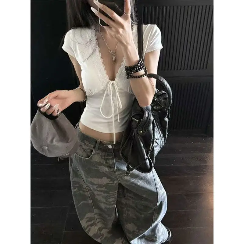 Japanese Lace T-Shirt Women Short Sleeve Y2K Girls V Neck Crop Tops Summer Short Slim Fit Sexy Tops Vintage Tee Tops Streetwear