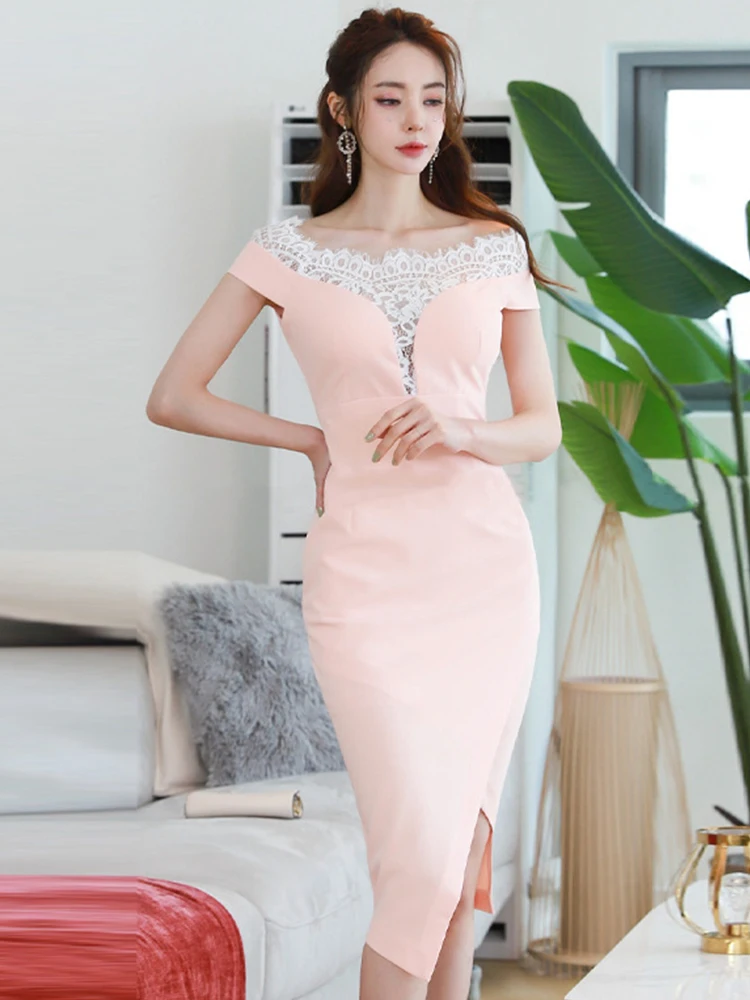 Summer Elegant Women Evening Dress Chic Slash Neck Slim Slit Midi Dresses Party Gown Vacation Mujer Vestido Fiesta Boda Invitada